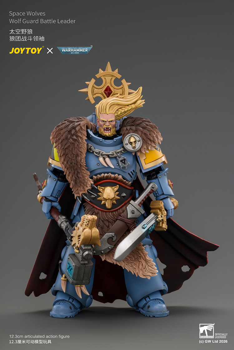 Space Wolves Wolf Guard Battle Leader with Master-crafted Power Weapon,Storm Shield,Thunder Hammer,Master-crafted Heavy Bolt Pistol,and Plasma Pistol